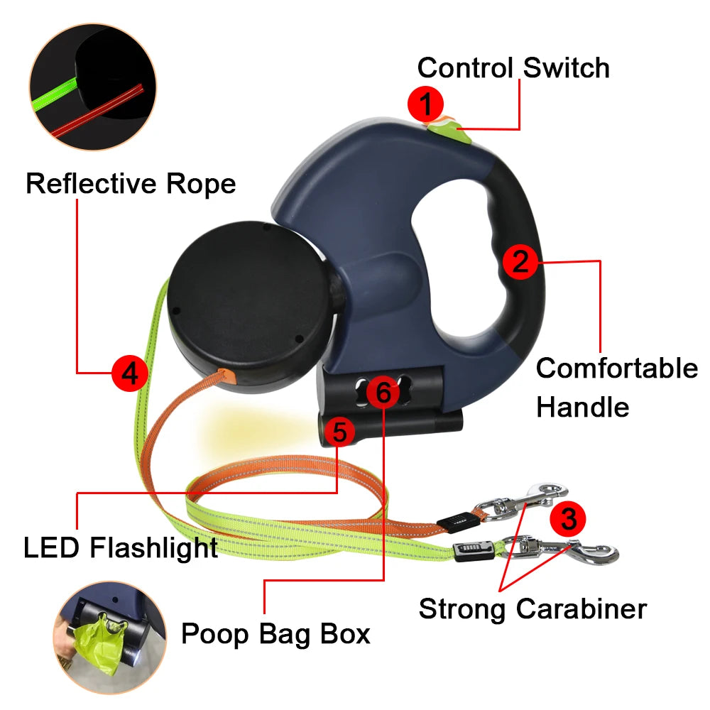 3M Retractable Dog Leash for Small Dogs Reflective Dual Pet Leash Lead 360 Swivel No Tangle Double Dog Walking Leash with Lights